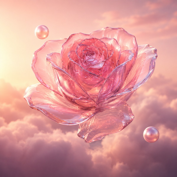 A rose carved from pink crystal, floating above the clouds among pearl bubbles.