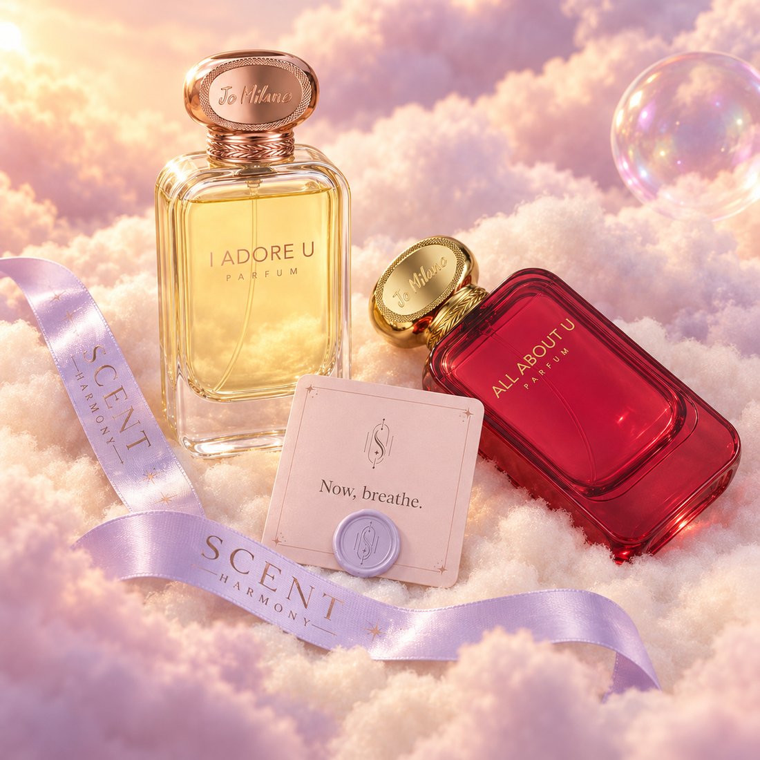 Close-up of the All About Us kit with the Now, breathe card and the Scent Harmony ribbon