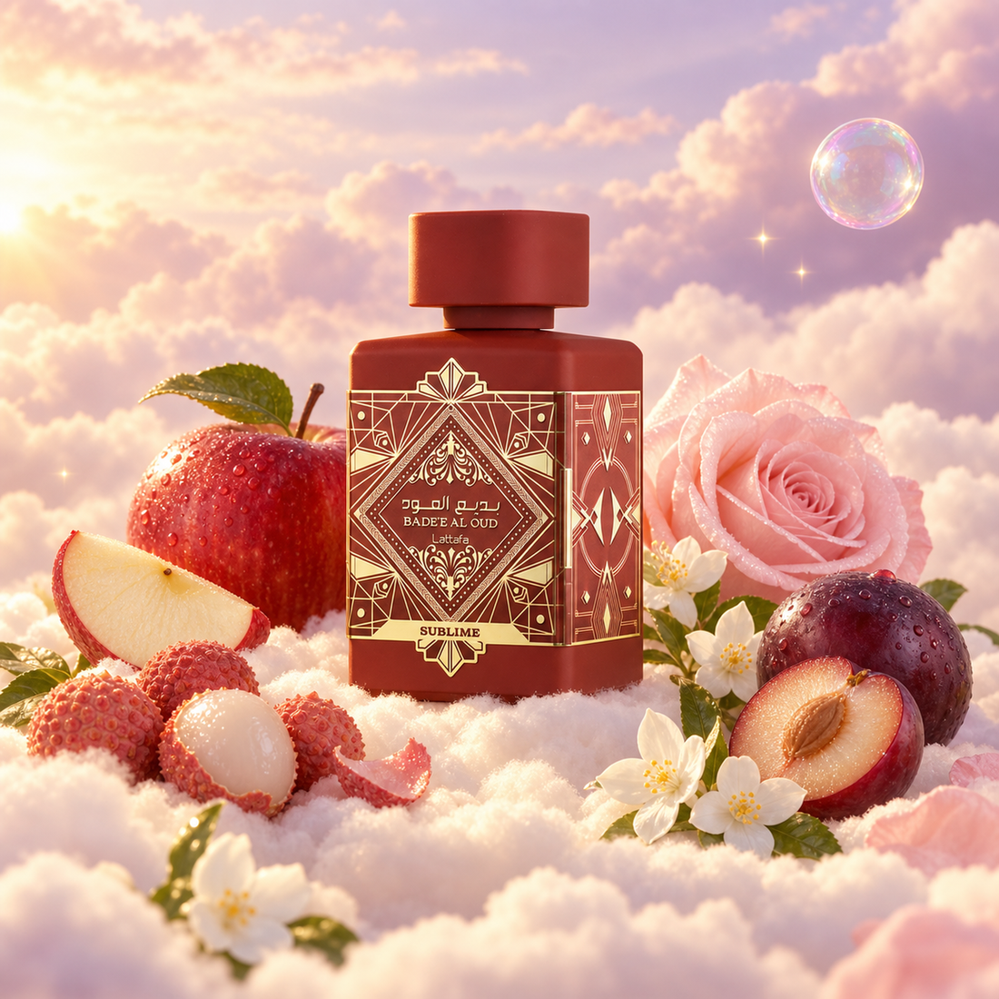 The bottle of Bade'e Al Oud Sublime by Lattafa surrounded by apple, lychee, plum and jasmine, on clouds.