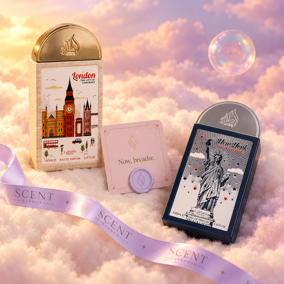Close-up of the City Lights kit with the Now, breathe card and the Scent Harmony ribbon