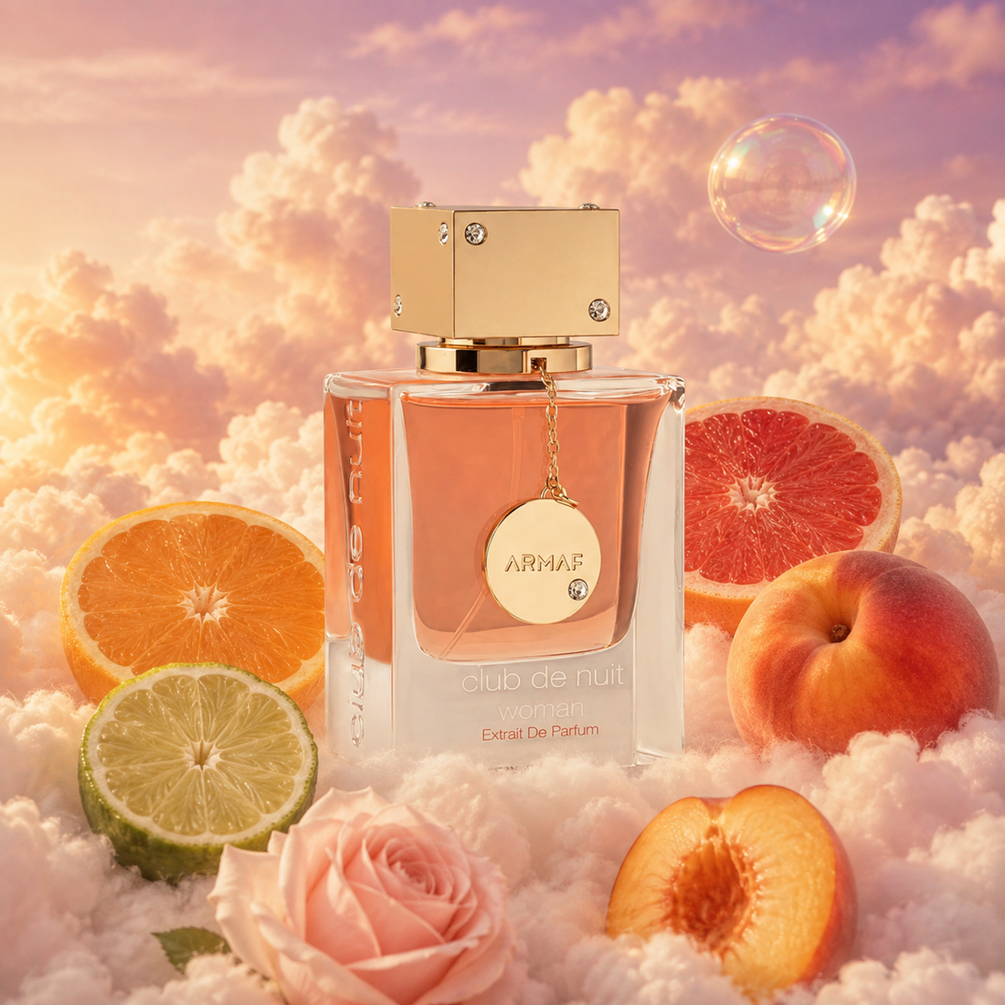 El frasco de Club de Nuit Woman Extrait de Parfum de Armaf rodeado de naranja, bergamota, rosa, jazmín sobre nubes.