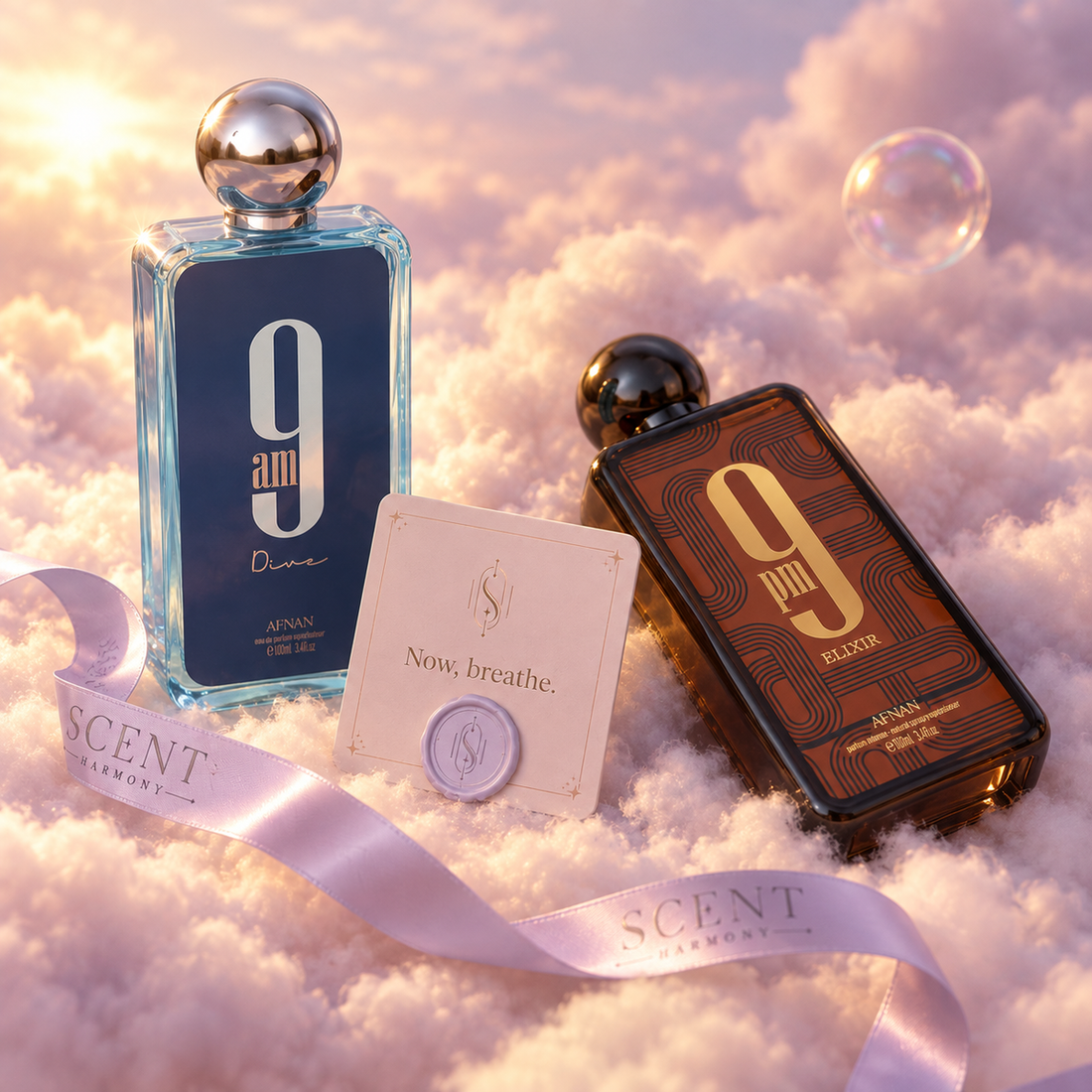 Close-up of the Dawn to Dusk kit with the Now, breathe card and the Scent Harmony ribbon