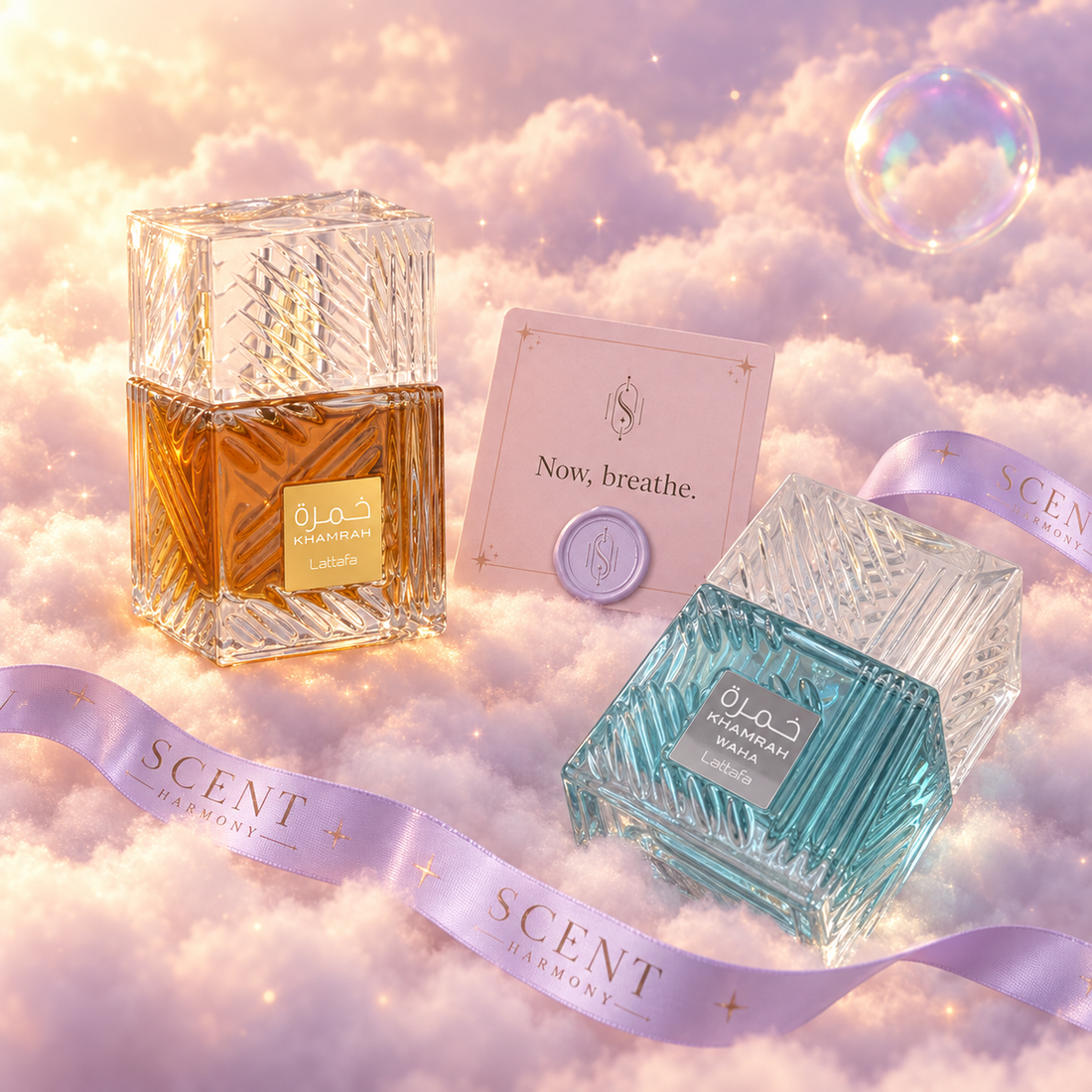Close-up of the Desert Oasis kit with the Now, breathe card and the Scent Harmony ribbon