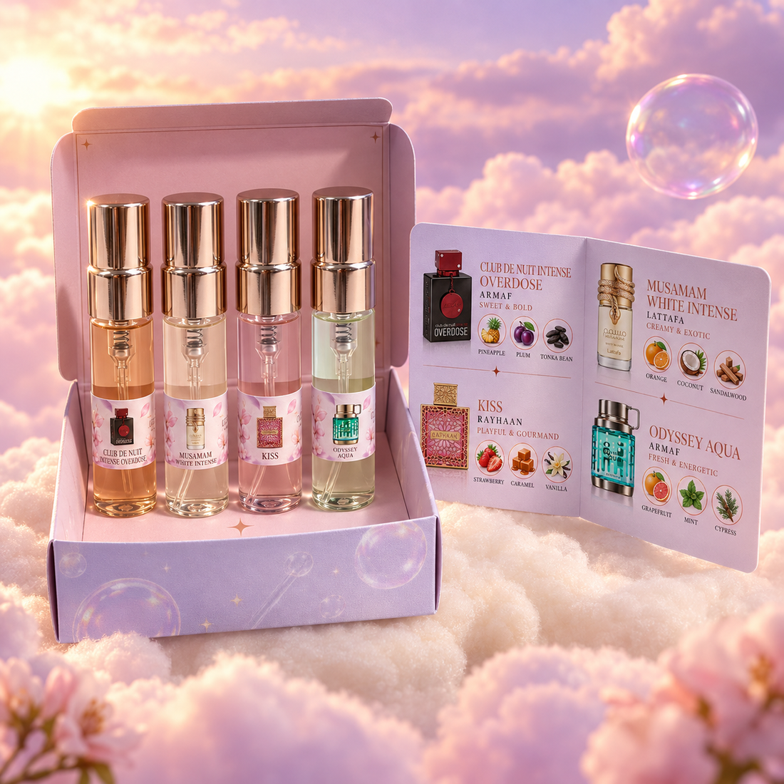 The kit box open, with the four vials and the card with each perfume’s notes