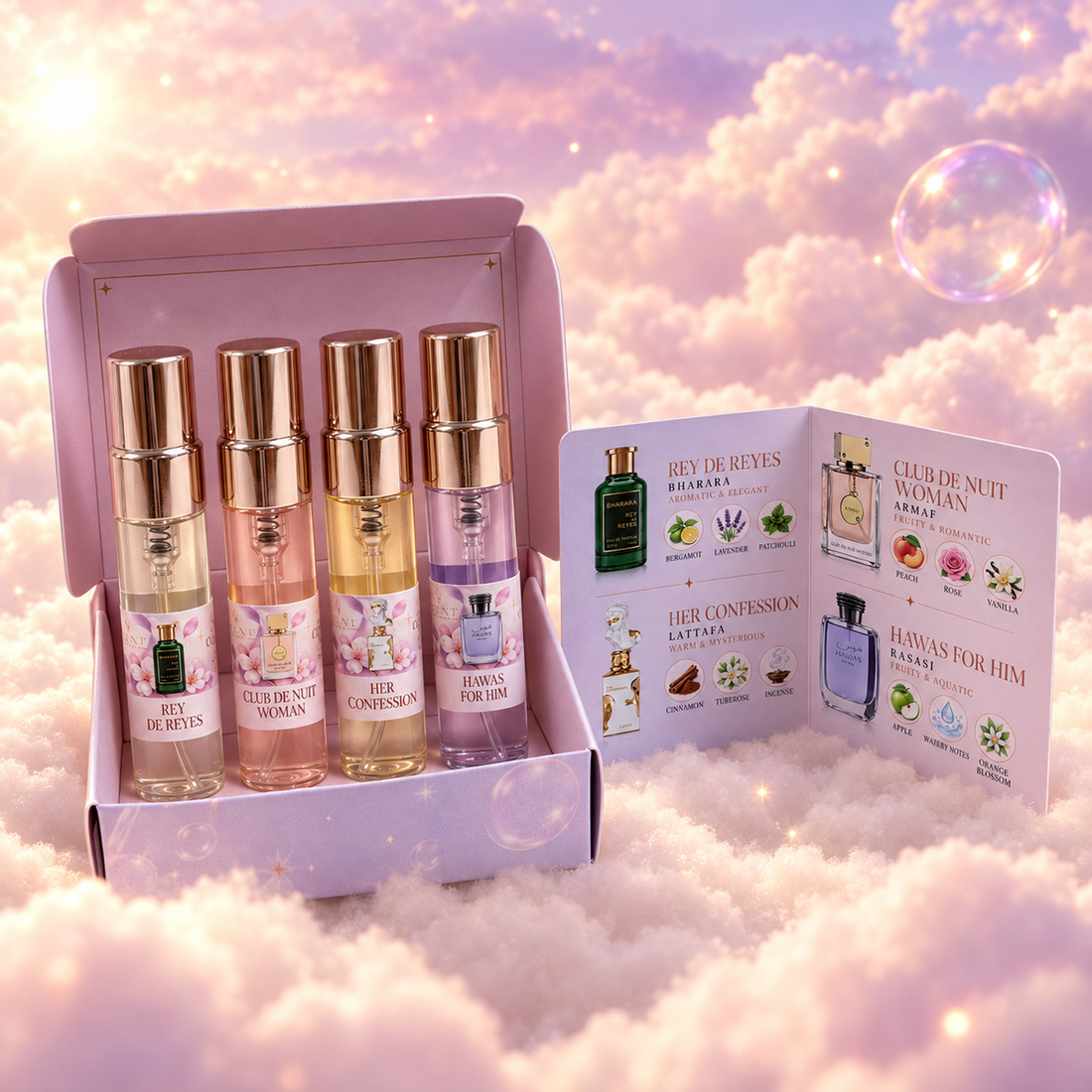 The kit box open, with the four vials and the card with each perfume’s notes