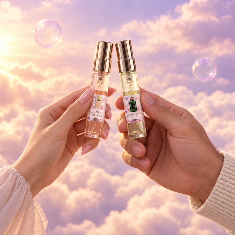 Her hand and his, toasting with the Club de Nuit Woman and Rey de Reyes vials
