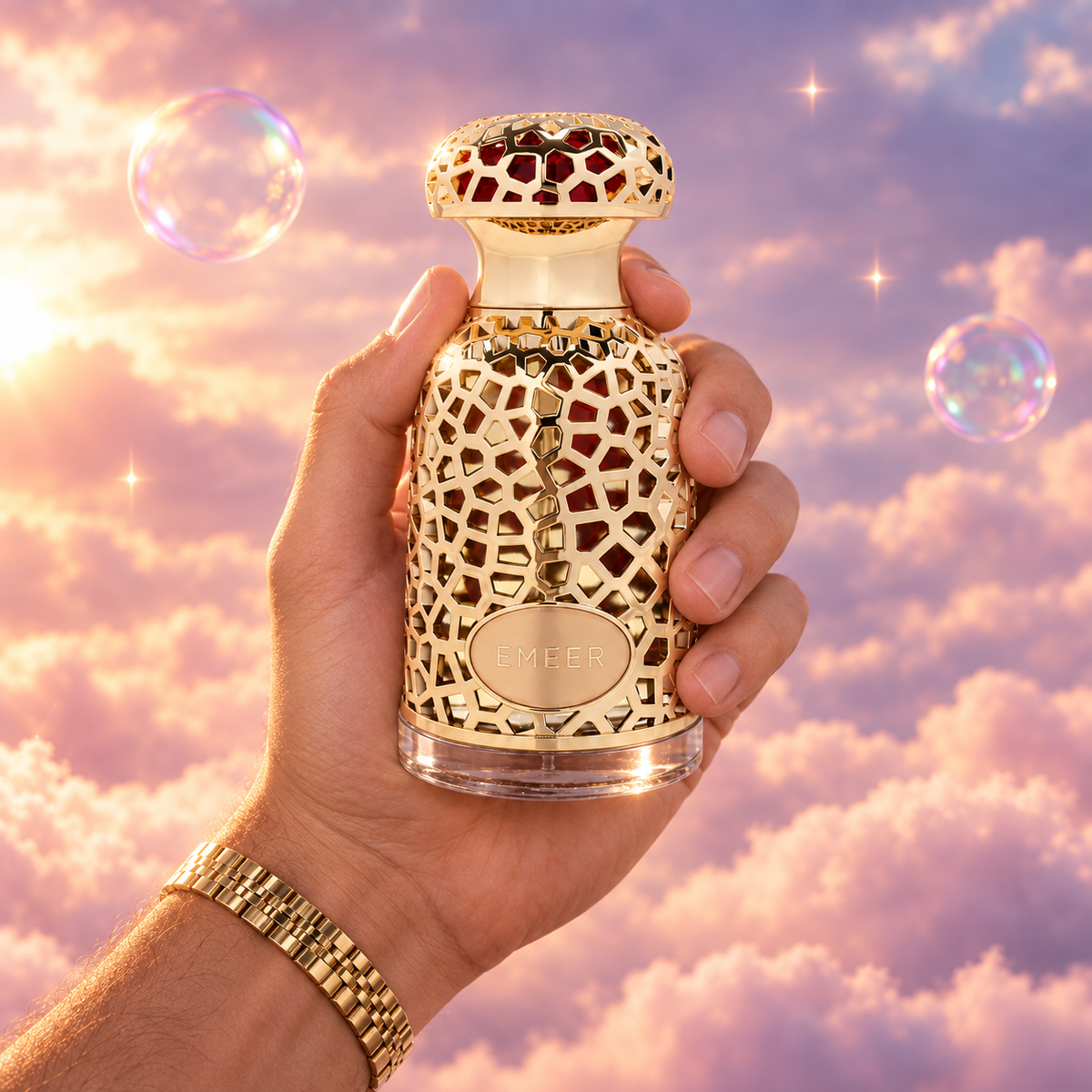 A hand holds the bottle of Emeer by Lattafa among pink clouds.