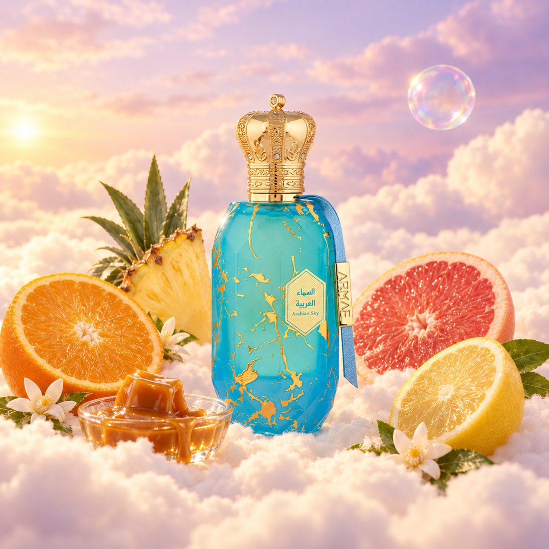 El frasco de Eter Arabian Sky de Armaf rodeado de naranja, piña, caramelo, lavanda sobre nubes.