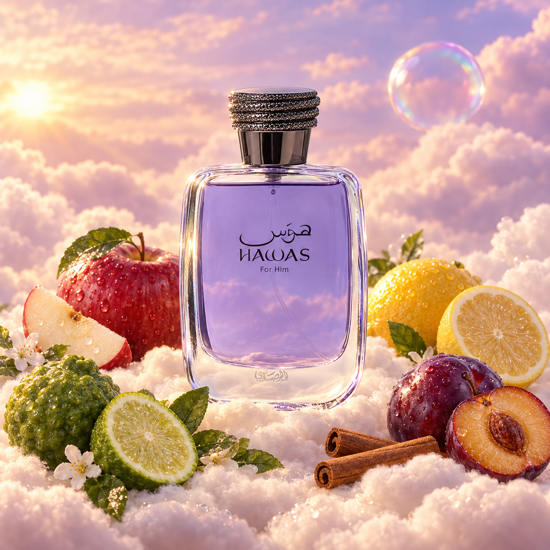 The bottle of Hawas For Him by Rasasi surrounded by apple, bergamot, plum and orange blossom, on clouds.
