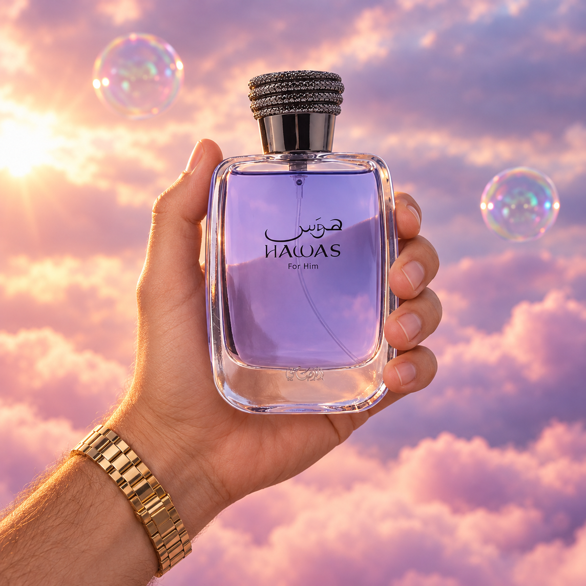 A hand holds the bottle of Hawas For Him by Rasasi among pink clouds.