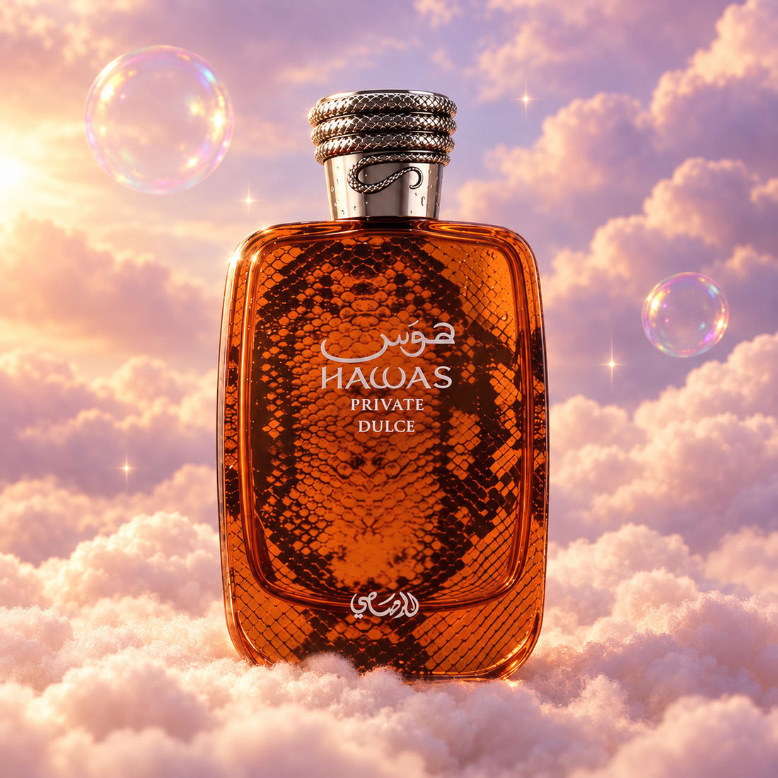 Bottle of Hawas Private Dulce by Rasasi on a bank of clouds, in a pink and lavender sky with iridescent bubbles and golden light.