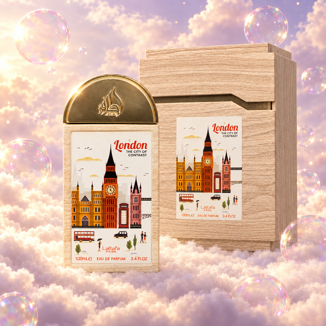 The bottle of London The City of Contrast by Lattafa next to its original box, on clouds.