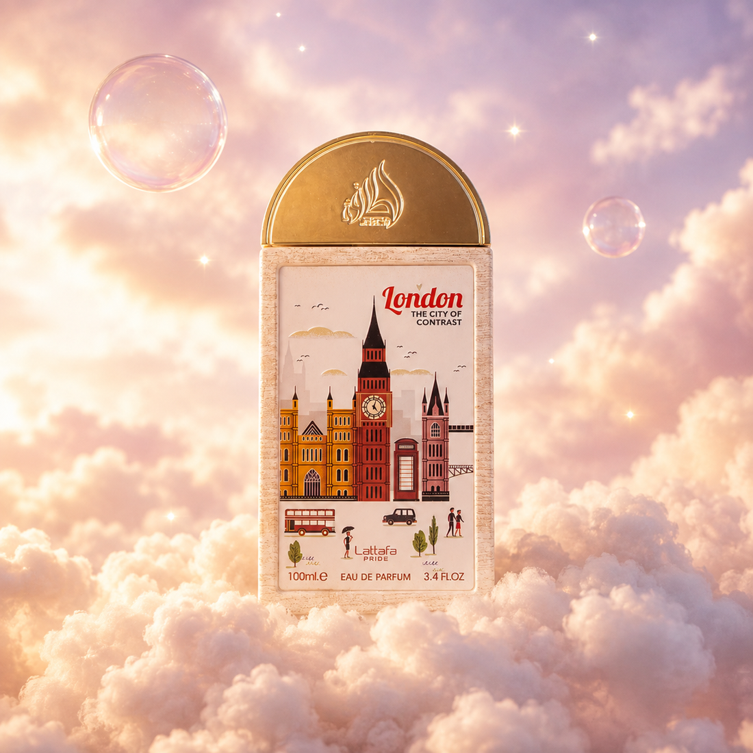 Bottle of London The City of Contrast by Lattafa on a bank of clouds, in a pink and lavender sky with iridescent bubbles and golden light.