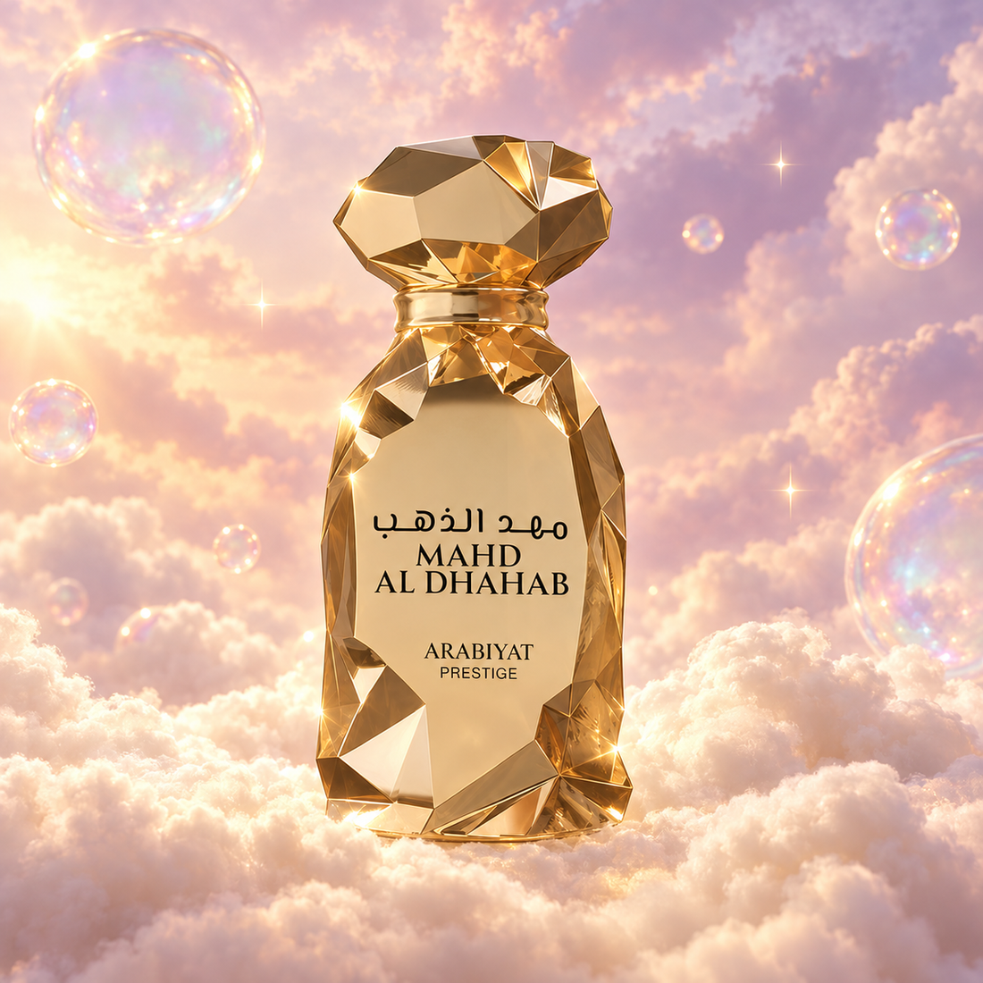Bottle of Mahd Al Dhahab by Arabiyat Prestige on a bank of clouds, in a pink and lavender sky with iridescent bubbles and golden light.
