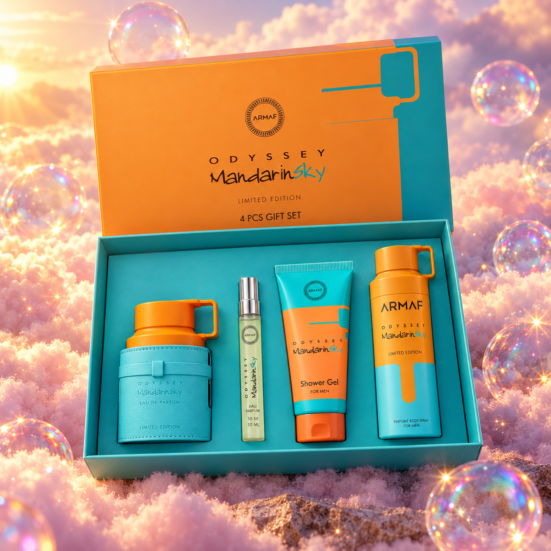 The bottle of Odyssey Mandarin Sky Set Lux by Armaf next to its original box, on clouds.