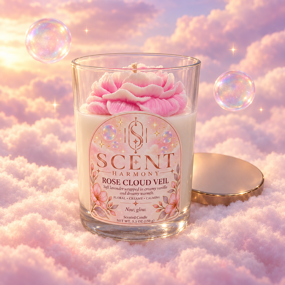 The Rose Cloud Veil candle by Scent Harmony, hand-poured in soy, with its wax flower