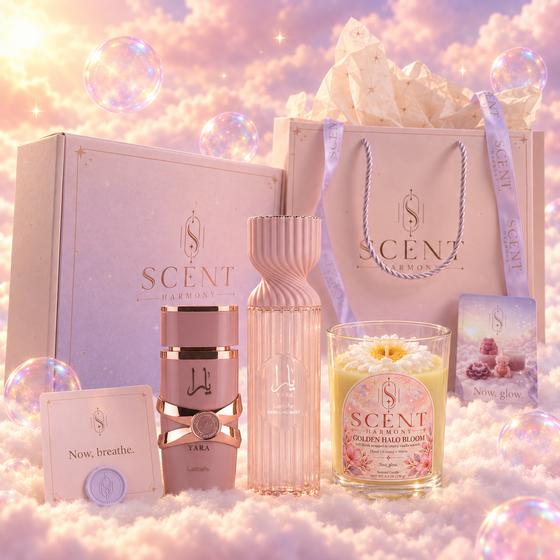 Sweet Reverie gift set for her, in front of the Scent Harmony box and gift bag