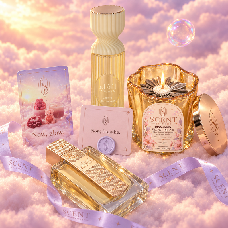 Close-up of the Velvet Dusk kit with the Now, breathe card and the Scent Harmony ribbon