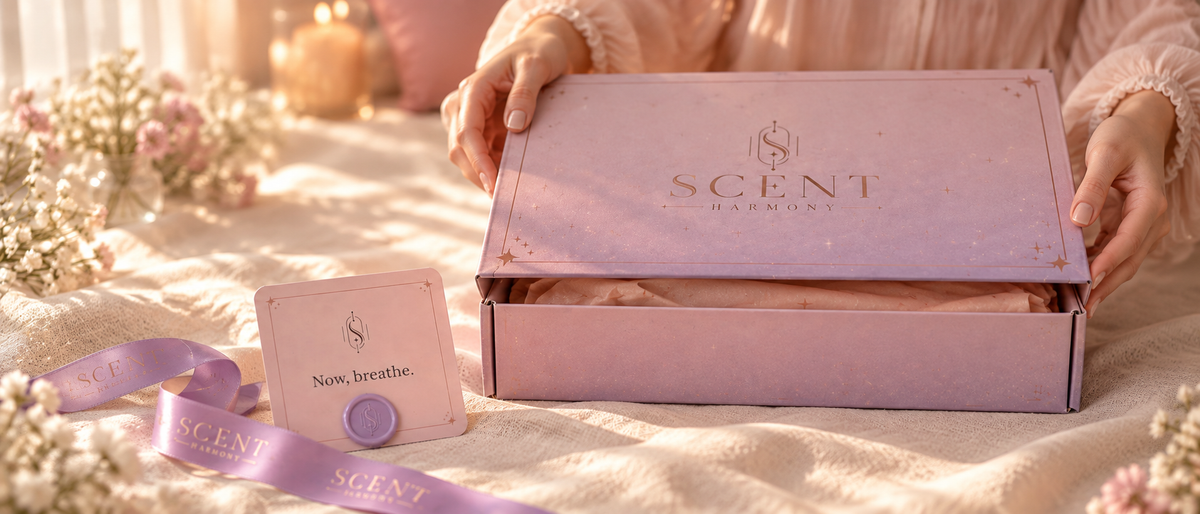 Unas manos abriendo la caja plana rosa y lavanda de Scent Harmony, con la tarjeta Now, breathe. y la cinta al lado.