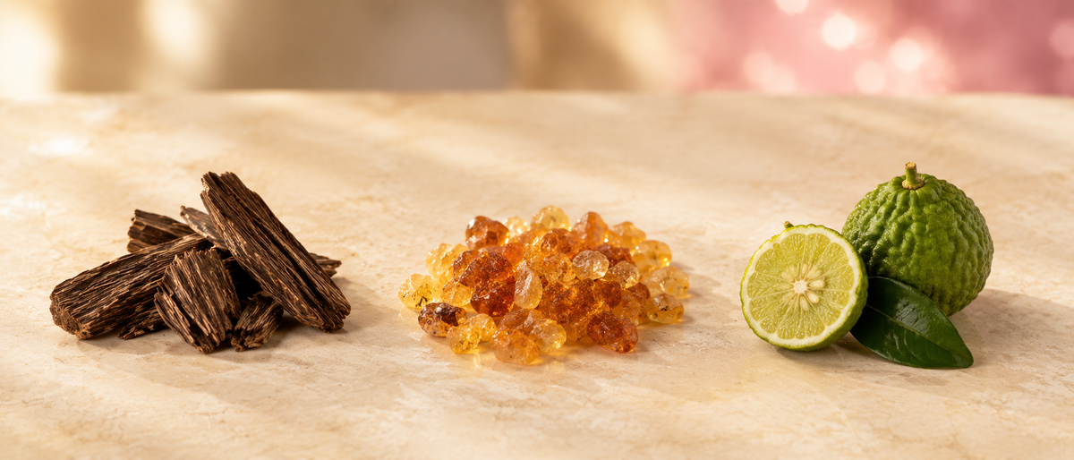 Madera de oud, resina de ámbar y bergamota partida, ordenadas como un muestrario.