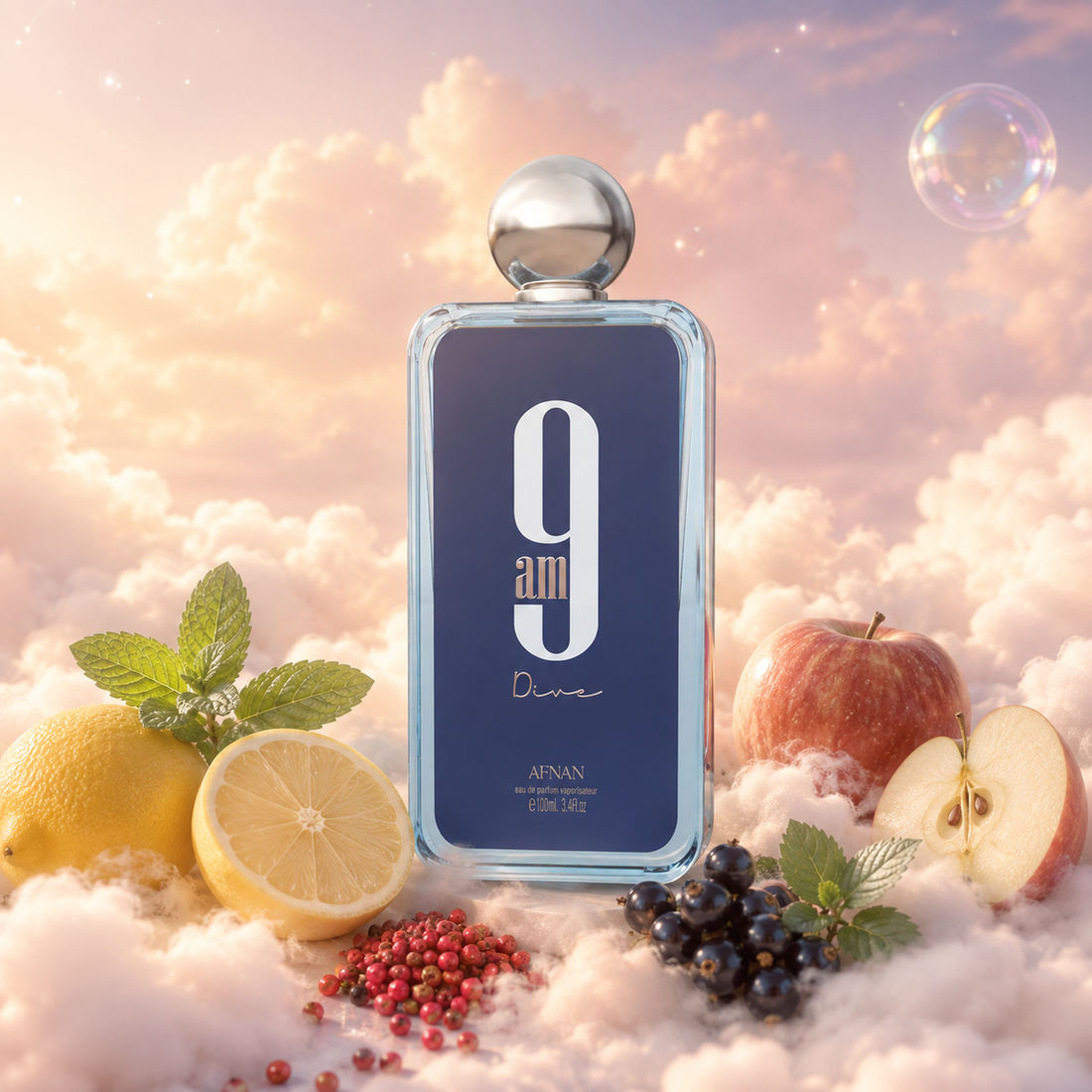 The bottle of 9 AM Dive by Afnan surrounded by mint, lemon, apple and incense, on clouds.