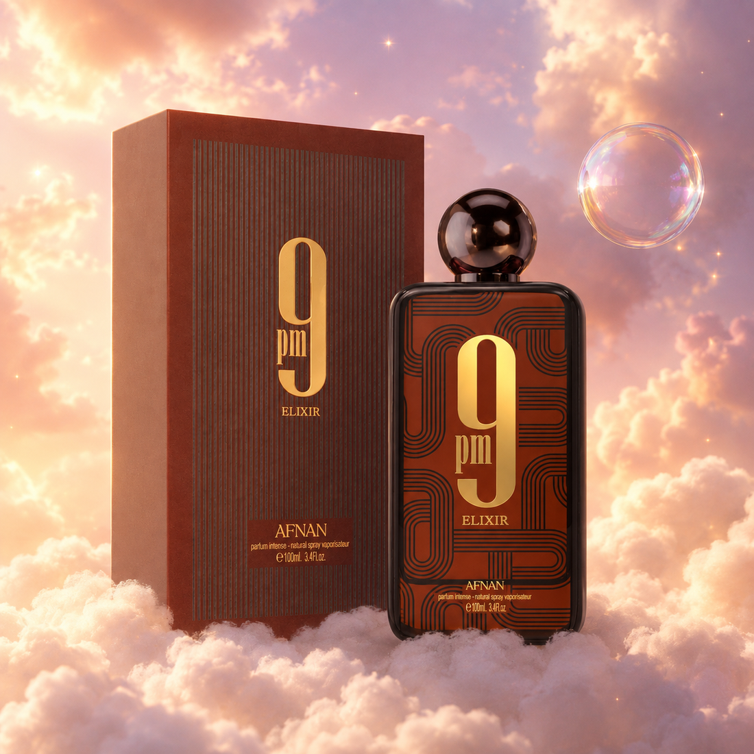 The bottle of 9 PM Elixir by Afnan next to its original box, on clouds.
