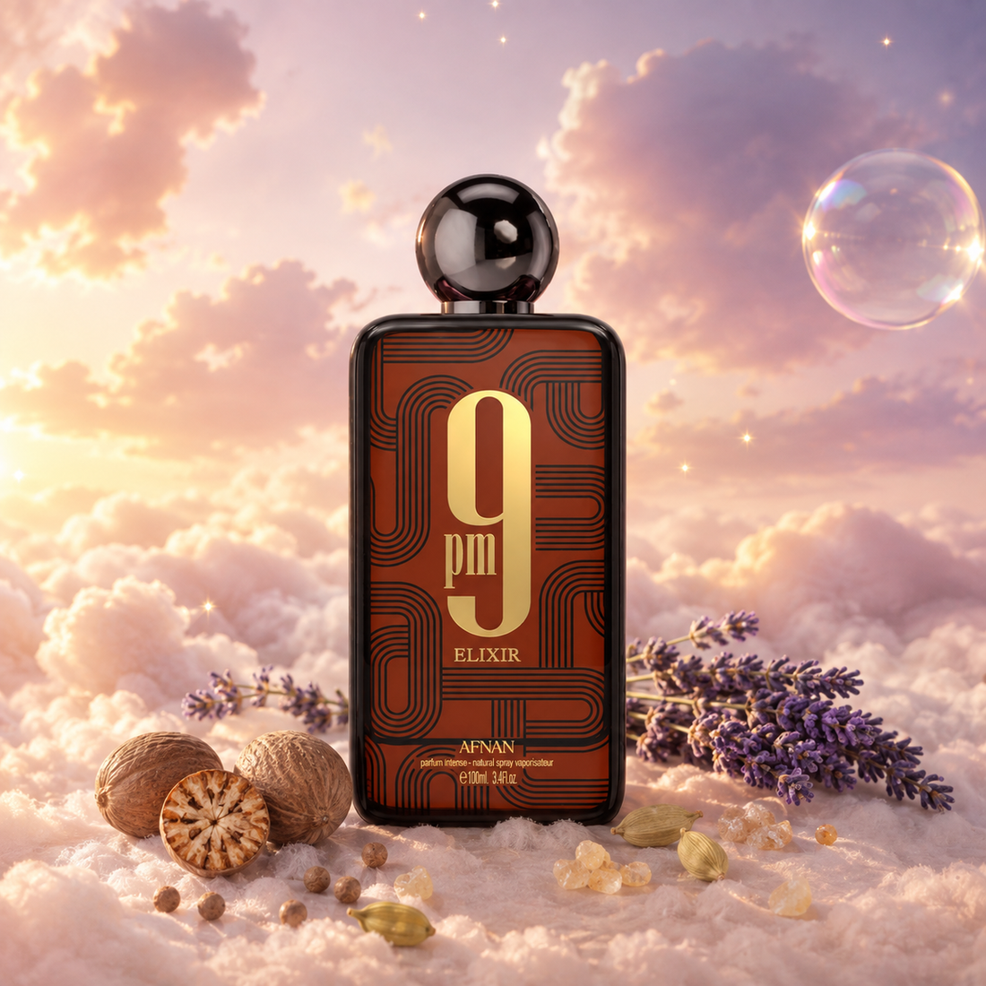 The bottle of 9 PM Elixir by Afnan surrounded by nutmeg, elemi, allspice and lavandin, on clouds.