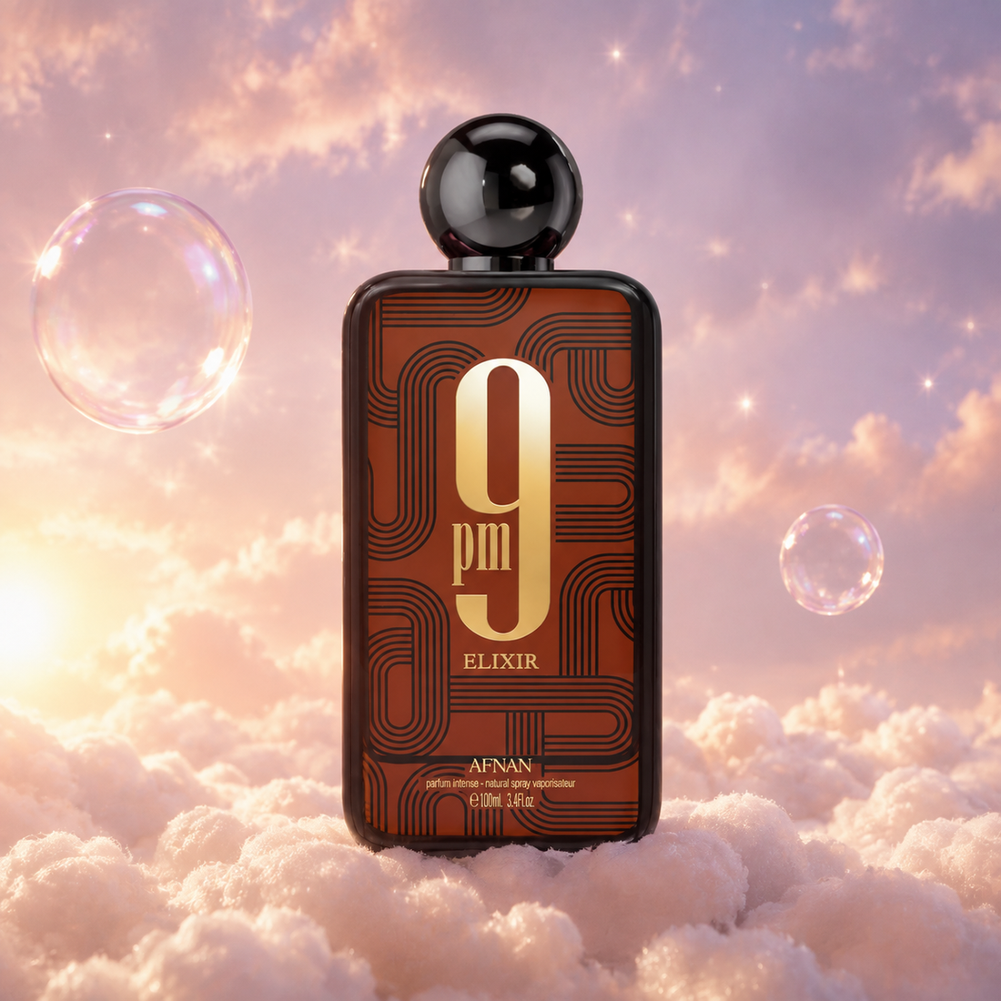Bottle of 9 PM Elixir by Afnan on a bank of clouds, in a pink and lavender sky with iridescent bubbles and golden light.