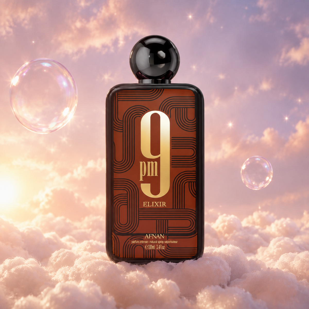 Bottle of 9 PM Elixir by Afnan on a bank of clouds, in a pink and lavender sky with iridescent bubbles and golden light.