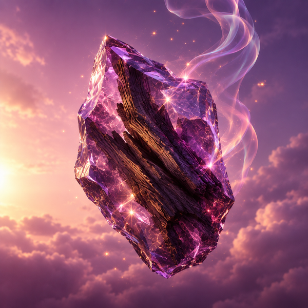 A piece of oud wood set inside a violet crystal, with smoke rising from it.