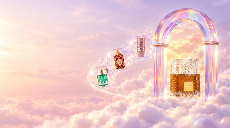 An iridescent archway standing on the clouds with a perfume bottle inside, and smaller bottles floating in glass bubbles.