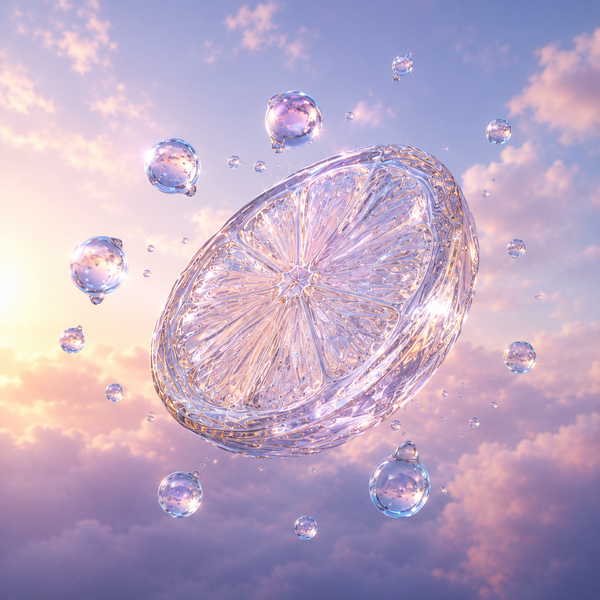 A citrus slice cut from clear crystal, surrounded by iridescent bubbles.