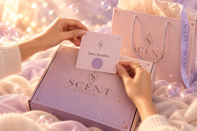 Two hands tying a lavender ribbon around a Scent Harmony box on pink silk, beside a card that reads Now, breathe.