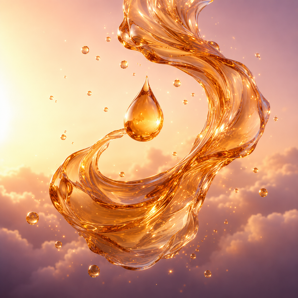 A ribbon of golden amber liquid curling around a single falling drop.