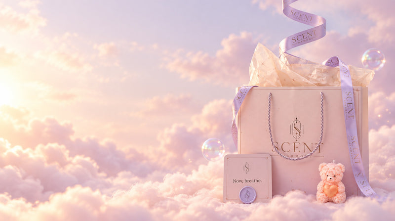 A Scent Harmony gift bag tied with a lavender ribbon, resting on a pink cloud.