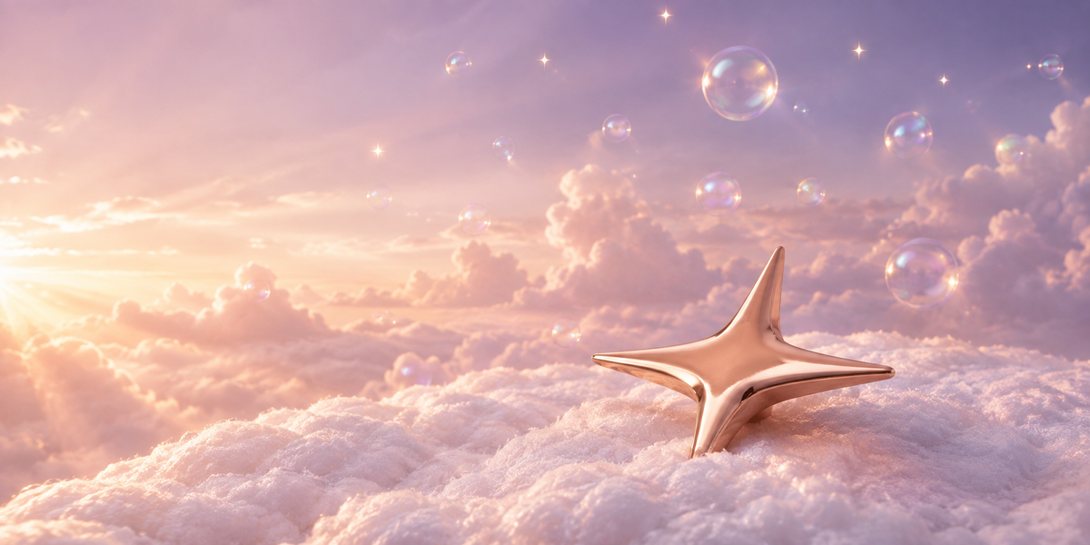 The Scent Harmony star in rose gold, resting on a bank of clouds at sunrise.
