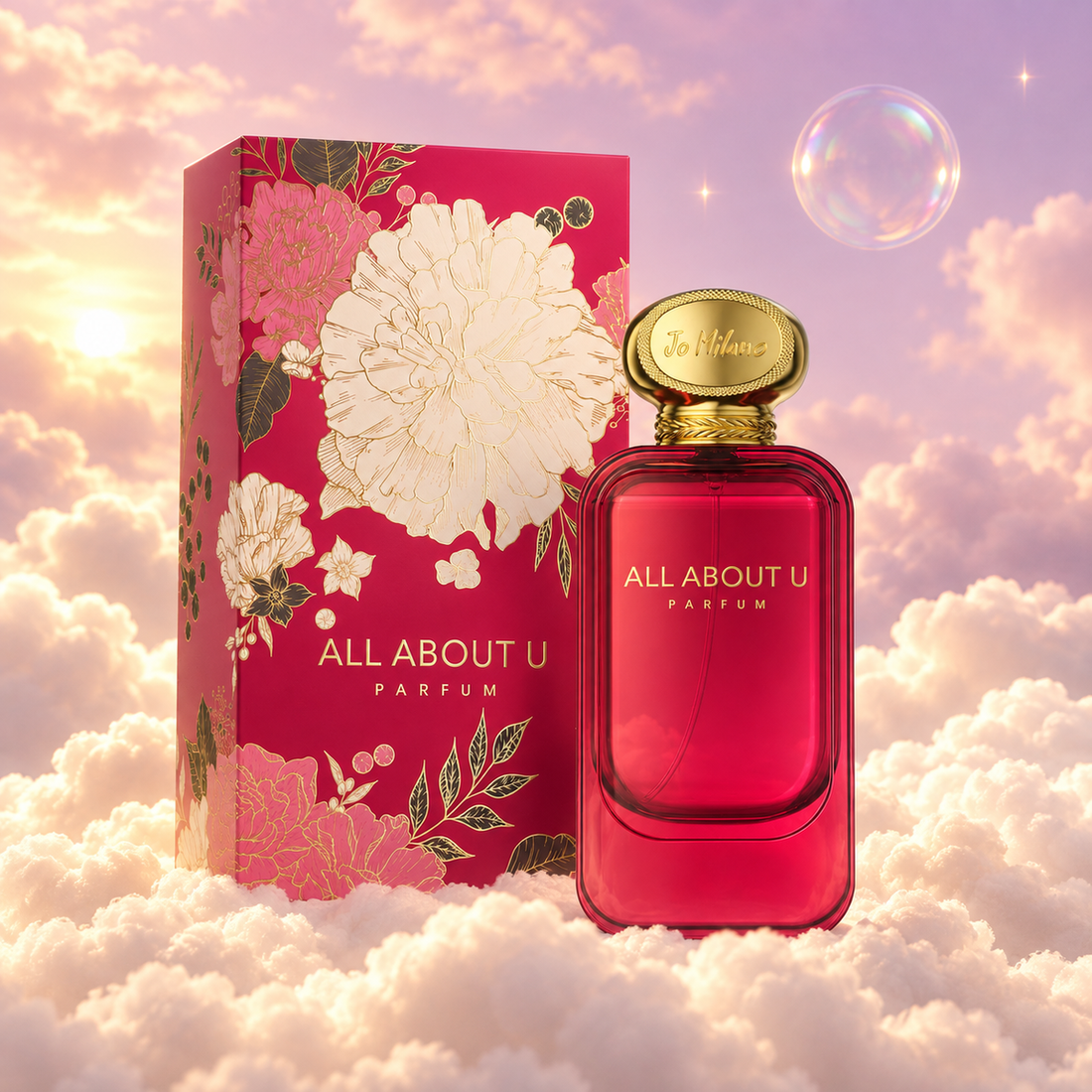 El frasco de All About U de Jo Milano junto a su caja original, sobre nubes.