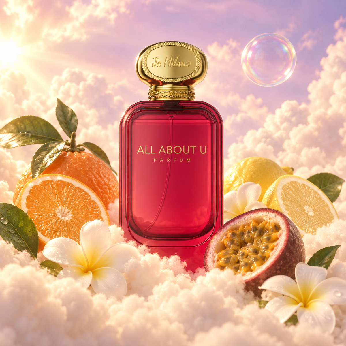 El frasco de All About U de Jo Milano rodeado de naranja amarga, maracuyá, frangipani, notas solares sobre nubes.