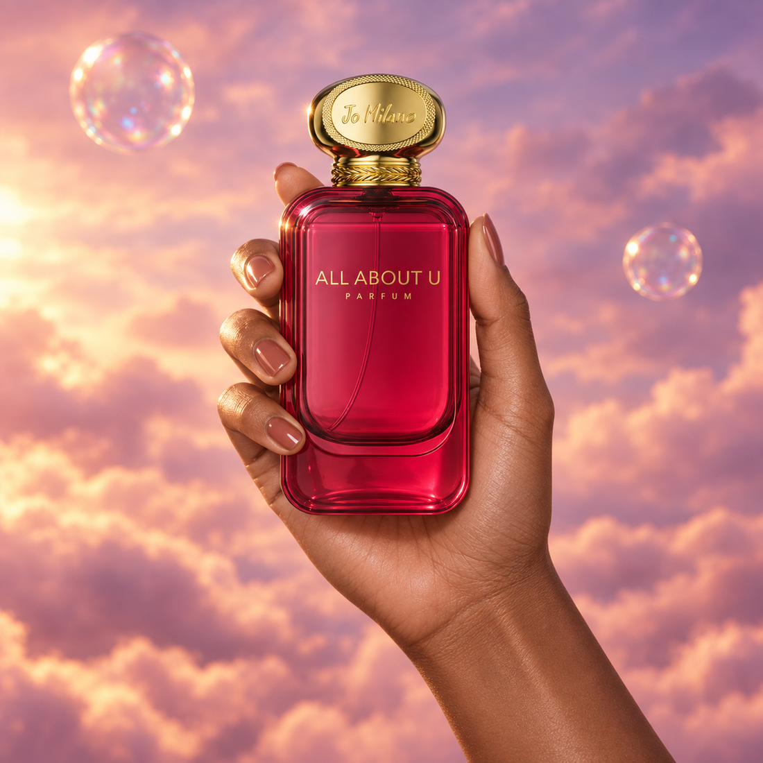 Una mano sostiene el frasco de All About U de Jo Milano entre nubes rosadas.