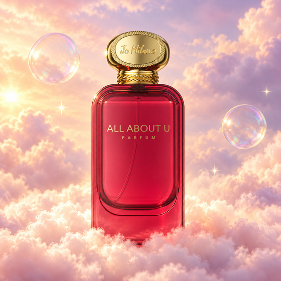 Frasco de All About U de Jo Milano sobre un banco de nubes, en un cielo rosa y lavanda con pompas iridiscentes y luz dorada.