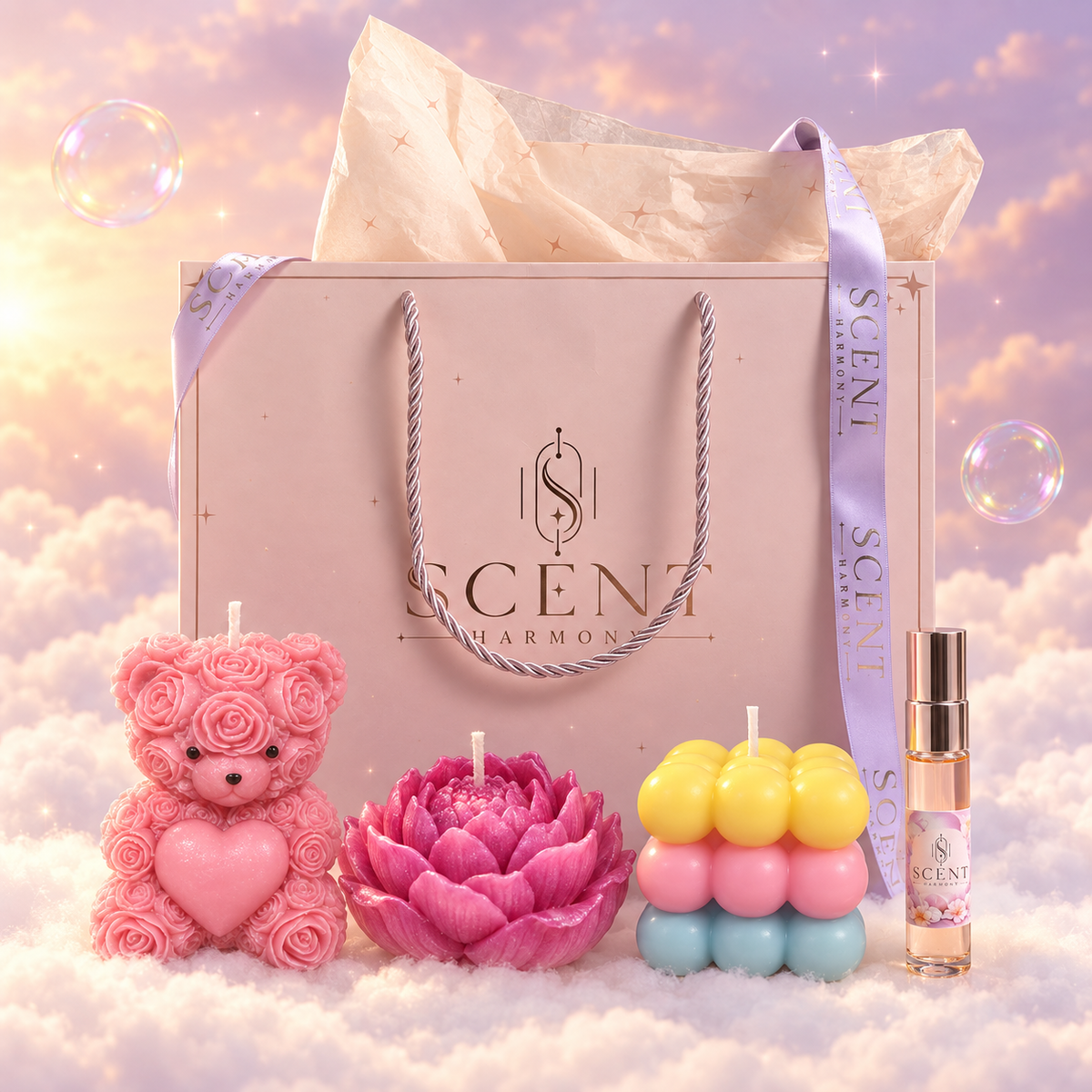 The kit’s extras: the gift bag and the details inside (the mini candle design varies)