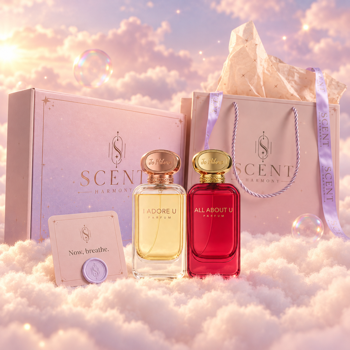 All About Us gift set for her, in front of the Scent Harmony box and gift bag