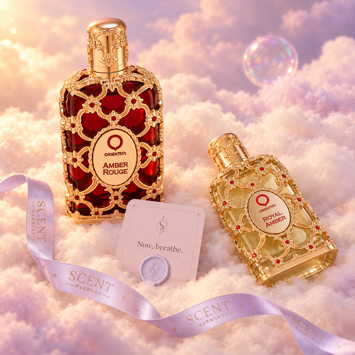 Close-up of the Amber Royale kit with the Now, breathe card and the Scent Harmony ribbon