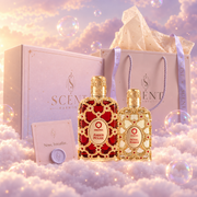 Amber Royale gift set to share, in front of the Scent Harmony box and gift bag