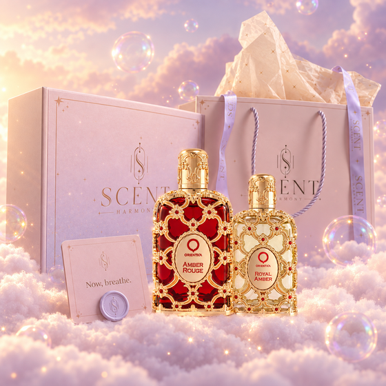 Kit de regalo Amber Royale para compartir delante de la caja y la bolsa de regalo de Scent Harmony