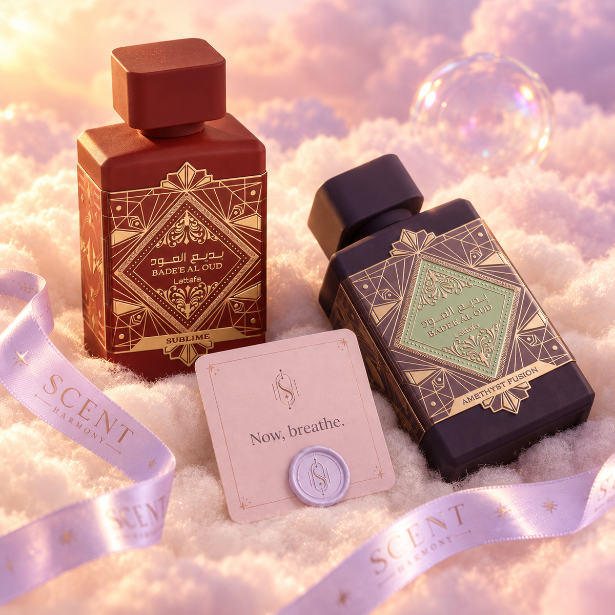 Close-up of the Amethyst Dream kit with the Now, breathe card and the Scent Harmony ribbon