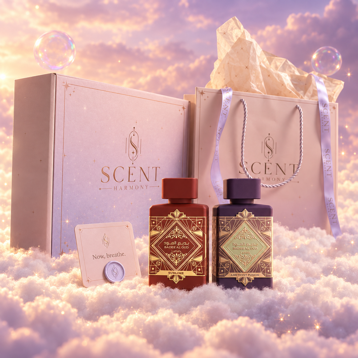 Amethyst Dream gift set for her, in front of the Scent Harmony box and gift bag