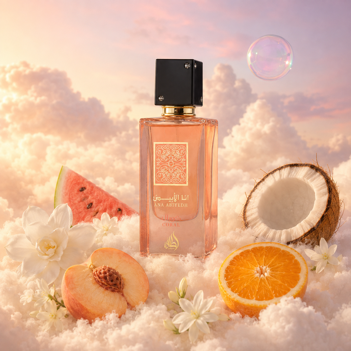 El frasco de Ana Abiyedh Coral de Lattafa rodeado de sandía, melocotón, coco, flores blancas sobre nubes.
