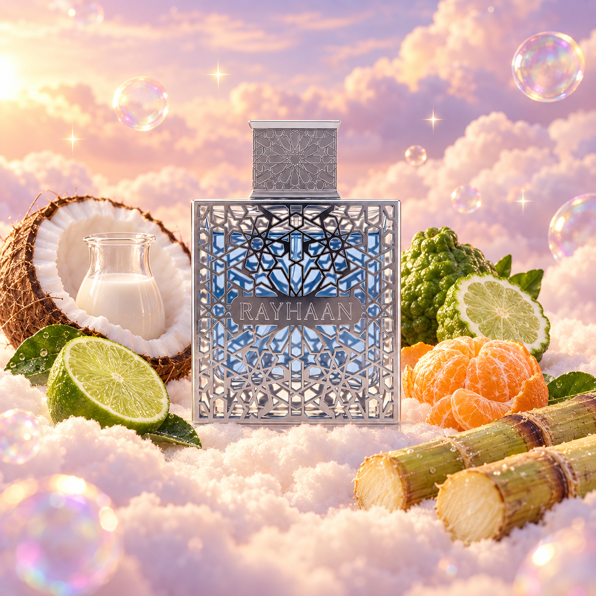 El frasco de Aquatica de Rayhaan rodeado de lima, leche de coco, caña de azúcar, jazmín sobre nubes.