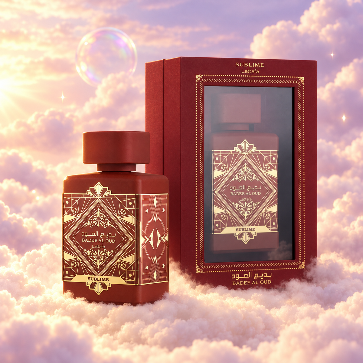 The bottle of Bade'e Al Oud Sublime by Lattafa next to its original box, on clouds.